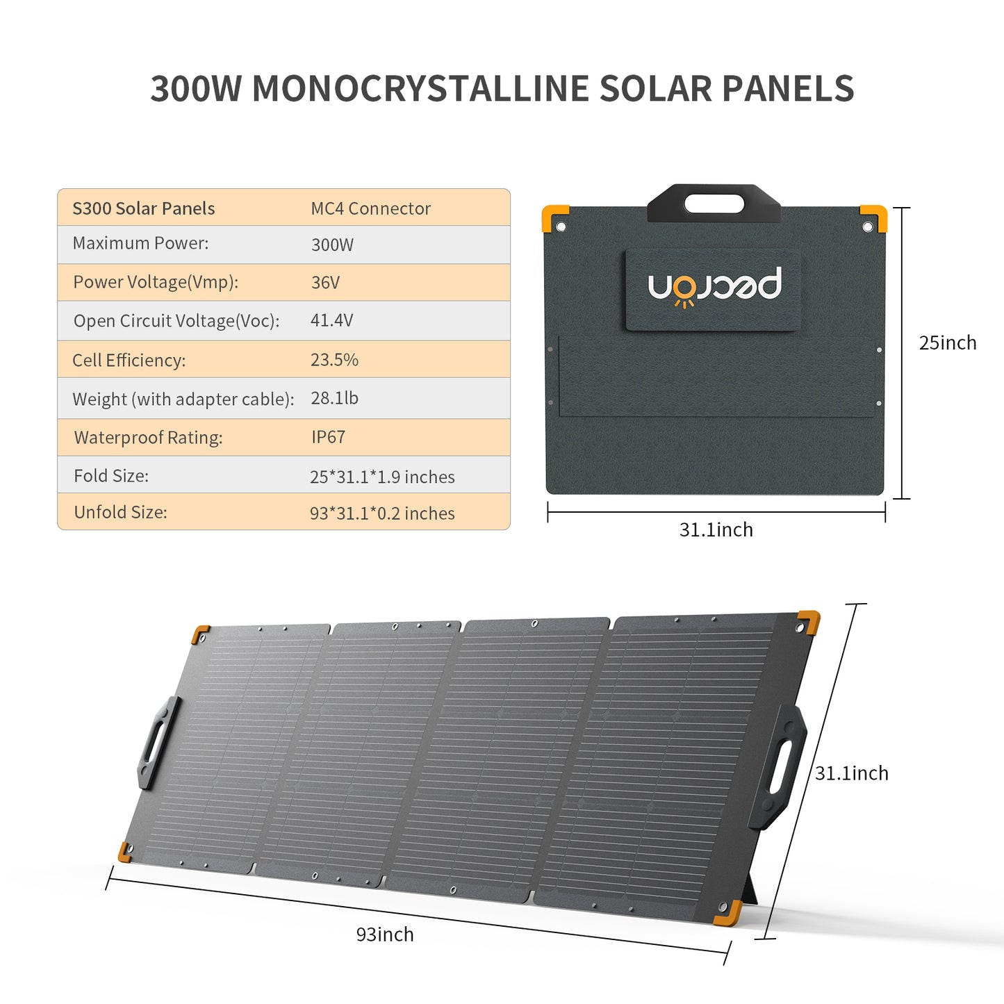 Pecron PV300 Portable Solar Panel - 300W Monocrystalline, IP67 Waterproof, 4-Fold Design