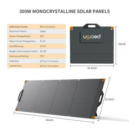 Pecron PV300 Portable Solar Panel - 300W Monocrystalline, IP67 Waterproof, 4-Fold Design